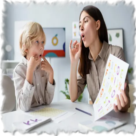 Niño acompañado de una mastra aprendiendo prounciación.